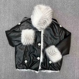 Black Faux Leather Coat with Faux Fur & Cuffs Winter Jacket