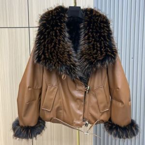 Reversible Camel Faux Leather Aviator Jacket with Faux Fur Collar & Cuffs