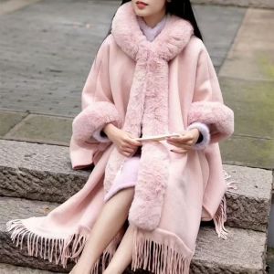 Hooded Poncho Cape with Faux Fur Trim & Fringe