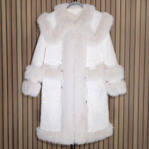 Faux Fur & Sequin Longline Coat in Cream DH14