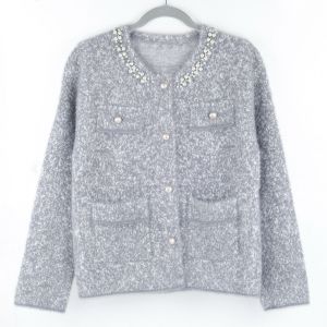 Sparkling Collar Soft Knit Pocket Cardigan in Grey SS101