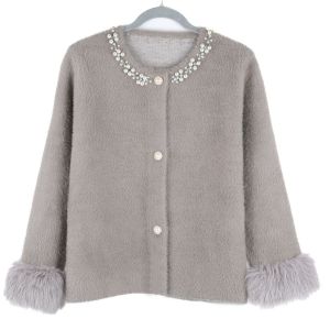 Faux Fur Cuff and Pearls Embellished Cardigan in Mink SS100