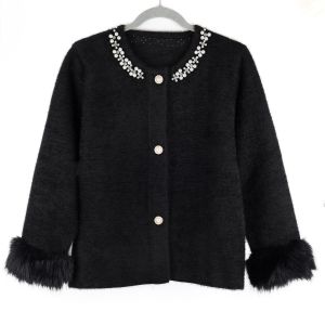 Faux Fur Cuff and Pearls Embellished Cardigan in Black SS100