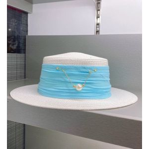 WA173 straw hat with Silk band and pearl detail in Turquoise