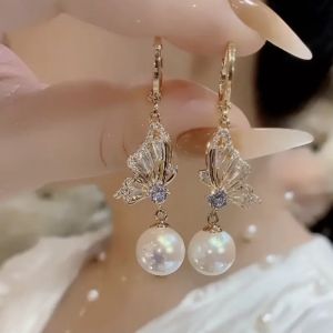 eur266 Crystal pearl butterfly drops earrings