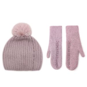 SD25 Wool hat and gloves set with beads in Mauve