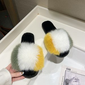 1946  multi coloured fluffy slippers in Green/White/Yellow