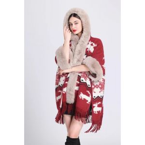 689 Christmas Reindeer pattern poncho in Red 