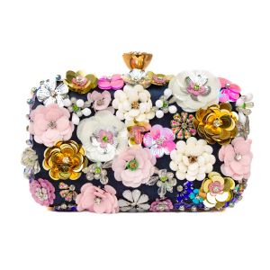 K020 hand craft floral Embellished Clutch Bag  in Navy