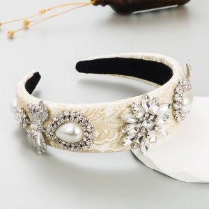 HA755 vintage floral headband with large crystals  in Cream