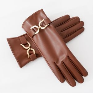 Faux Leather Gloves with Gold Buckle Detail in Brown LG007