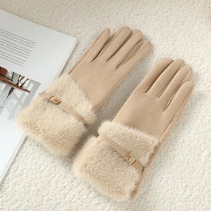 Faux Suede Gloves with Fur and Belt Accent in Beige HA300