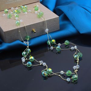 EUR411 Shimmery beaded long necklace in Green