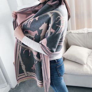 Equestrian Print Wool Scarf in Grey/Pink WS043