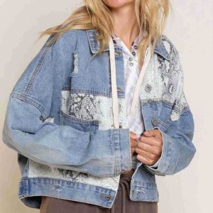 Snake Skin Print Mixed Denim Jacket