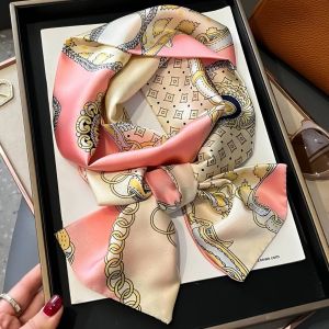 Elegant Gold Chain & Pink Scroll Print Satin Feel Neck Scarf