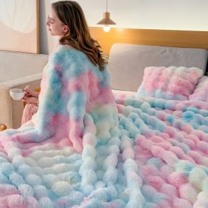 Cosy Warm Faux Fur Sofa Blanket in Rainbow (130cm*160cm) BLK019