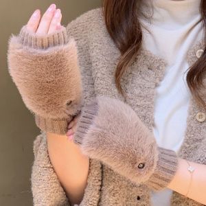 Soft Knit Fingerless Gloves with Faux Fur Mitten Cap