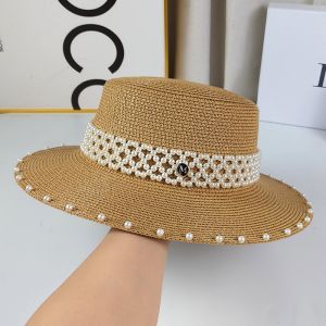 WA175 Straw beach hat with pearl band detail in Tan