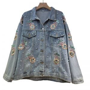 Floral Embroidered Denim Jacket with Pearls