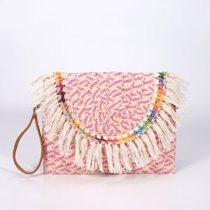A195 Straw bag with tassels in Pink/Cream