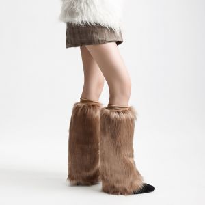 Sleek Plain Faux Fur Plain Faux Leg Warmers in Brown SD101