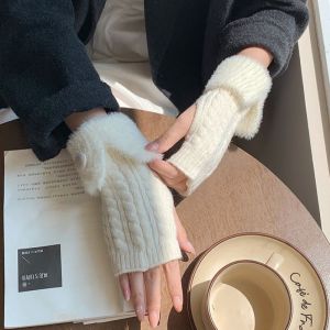 Cable Knit Fingerless Gloves with Faux Fur Trim and Button