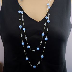 EUR411 Shimmery beaded long necklace in Sky Blue