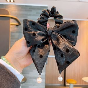 SS18 Large satin bow hair scrunchie with polka dots in Black