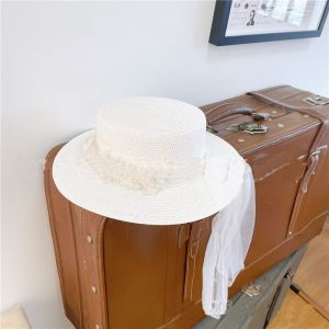WA174 vintage White ribbon and beaded flowers straw hat in White