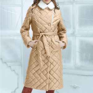 SK107 padded coat with fur collar detail in Beige