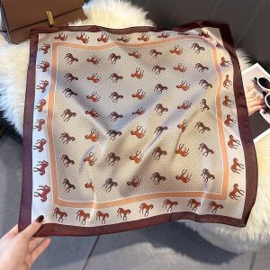 Horse Print Silk Feel Neck Square Scarf in Beige F787