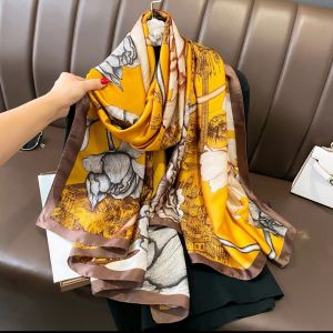 TT269 Flowers and vintage city print satin scarf in Yellow/Brown