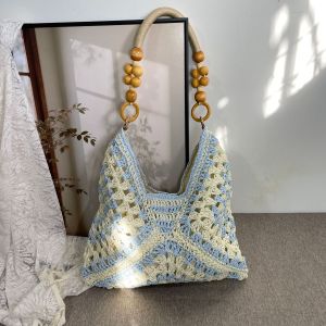Beaded Handle Summer Straw Crochet Beach Bag