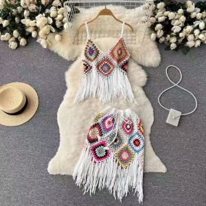 SDK084 Handmade crochet beach set skirt and top in White