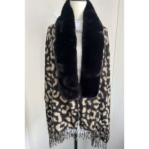 Leopard Print Scarf with Plush Faux Fur Collar & Fringe Trim