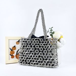 Metallic Silver Beaded Tote Bag