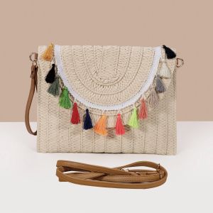 A197 Straw bag with multicoloured tassels in Cream