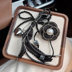Black Camellia Flower Keyring with Elegant Bow & Pearl Detail