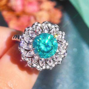 RIN019 Large crystal flower adjustable ring in Aqua Blue