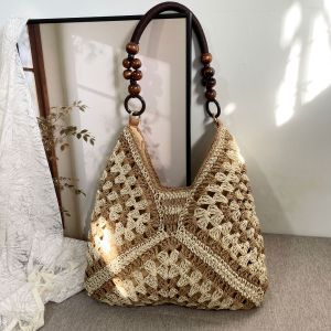 Beaded Handle Summer Straw Crochet Beach Bag