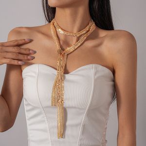 Rhinestone Waterfall Tie Necklace in Gold NEK554