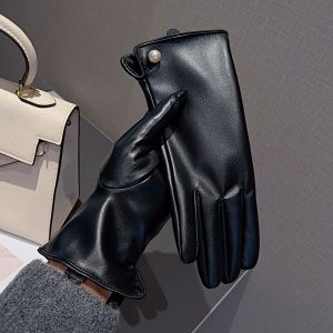 Black Faux Leather Gloves with Pearl Detail