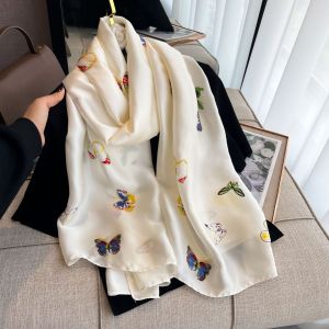 TT293 Butterflies printed satin scarf in Cream