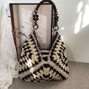 Beaded Handle Summer Straw Crochet Beach Bag
