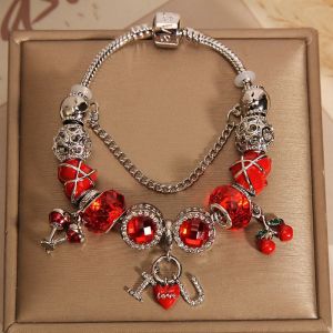EUR406 Cherries and Love charm bracelet in Red