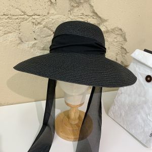WH171 large brim straw hat with Ribbon tie fastener in Black
