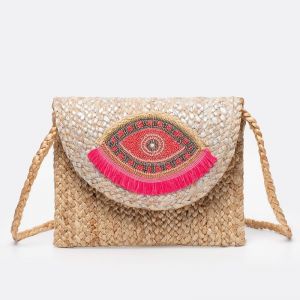 Beaded Evil Eye & Fringe Straw Clutch Bag