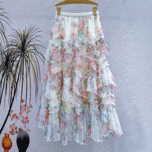 Floral Tiered Tulle Maxi Skirt with Pearl Trim