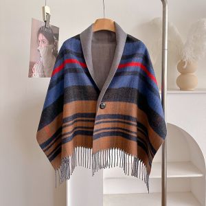 Light Plaid Fringe Poncho Cape Wrap